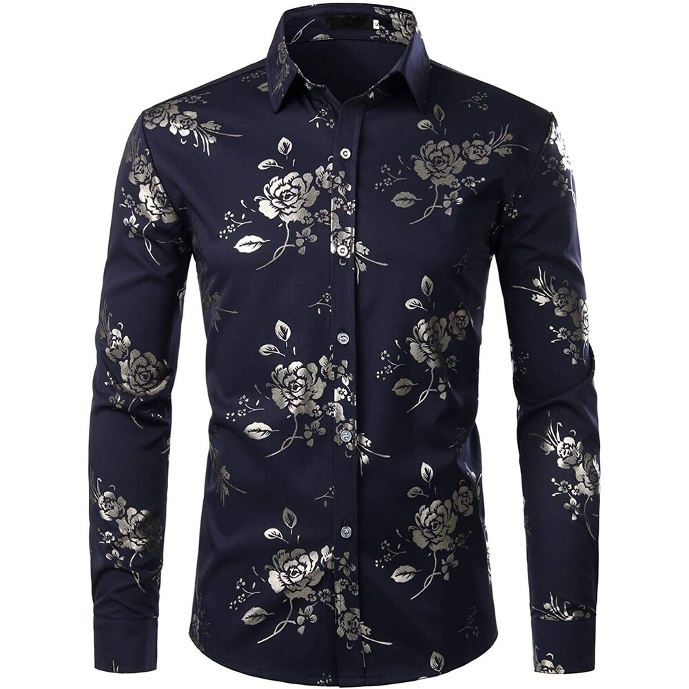 ZEROYAA Mens Hipster Gold Rose Printed Slim Fit Long Sleeve Dress Shirts/Prom L
